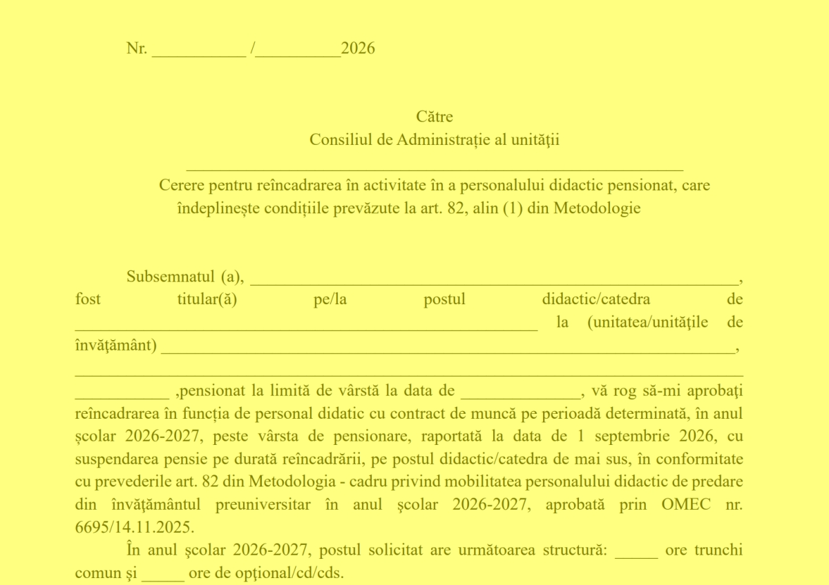 Reîncadrare profesori pensionați 2026. Cererile se depun la școală în zilele de 23 și 24 aprilie – model de cerere și calendarul complet / Condiție – suspendarea pensiei pe durata reîncadrării